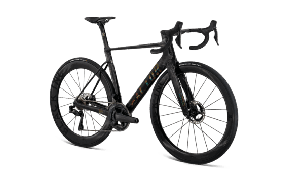 Factor Ostro VAM-fiets in Black Ultegra, 45 graden zicht vanaf de aandrijfzijde
