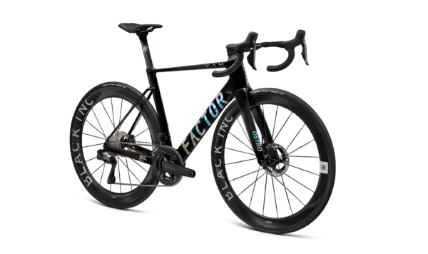 Factor Ostro VAM-fiets in Chrome Ultegra, 45 graden zicht vanaf de aandrijfzijde